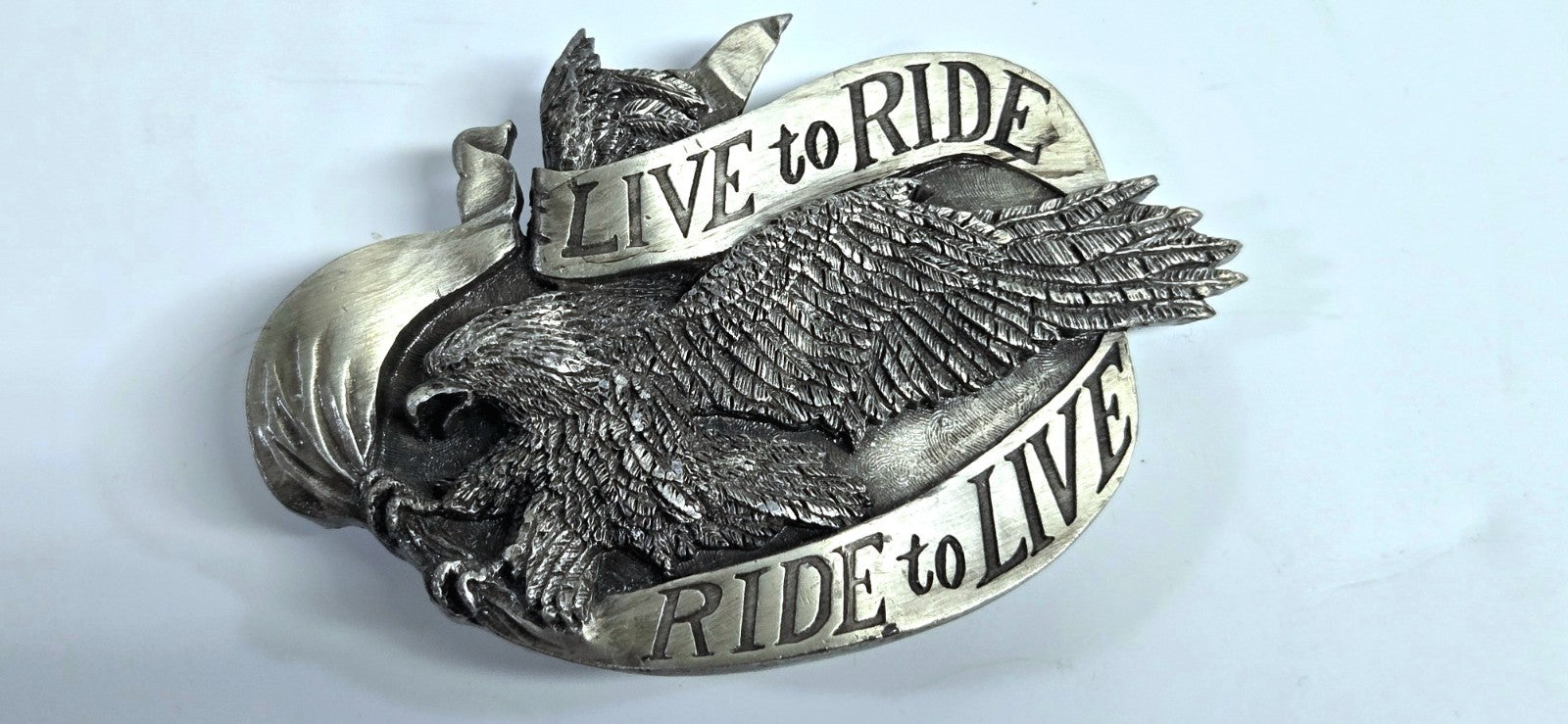Vintage 1981 Live to Ride Ride to Live Belt Buckle Bergamot Brass Works R-37