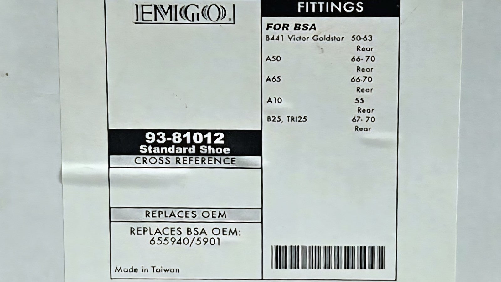 EMGO Brake Shoes 93-81012 for BSA and Triumph 65-5901T