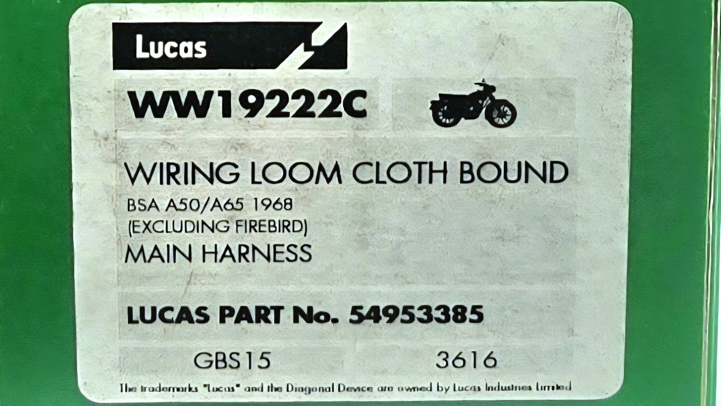 Lucas Brand Wiring Loom Cloth Bound PN 54953385 for 1968 BSA A50/65 NEW