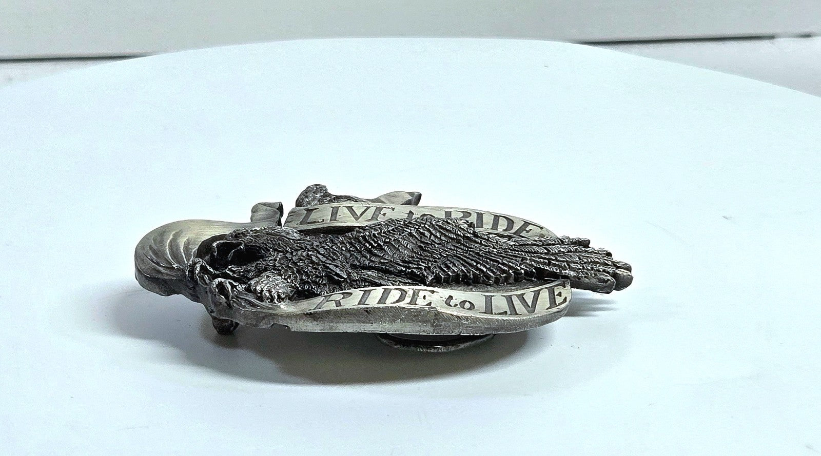 Vintage 1981 Live to Ride Ride to Live Belt Buckle Bergamot Brass Works R-37